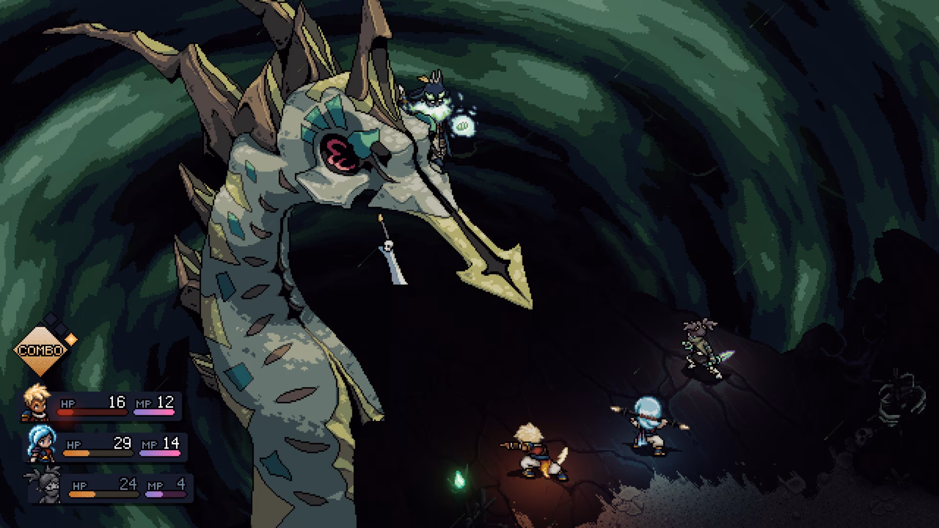 A ghostly pirate riding a sea serpent looks down on the party.