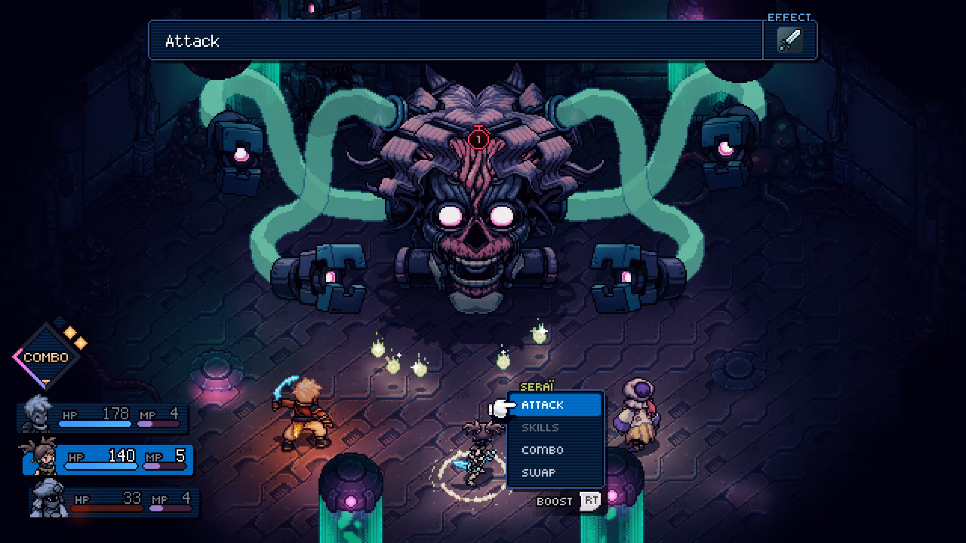 A freaky mechanical medusa-like head screams during a boss fight.