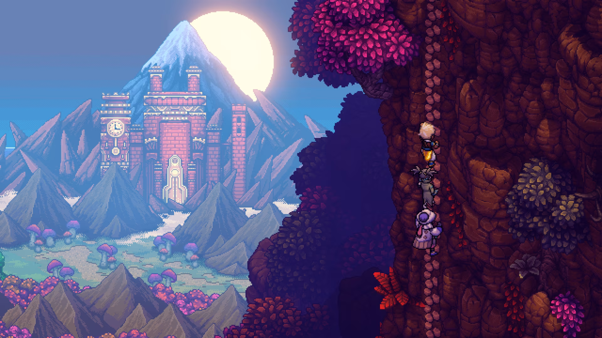 A beautiful scene in Sea of Stars where the party climbs a cliff overlooking the clockwork tower with the sun in the background.